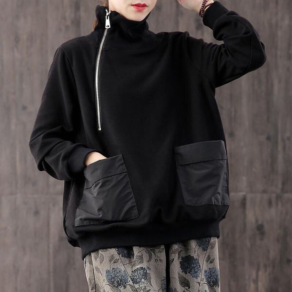 

aransue big size wei long sleeve clothes winter sweater tall turtleneck zipper hoodies with casual velvet to woman, Black