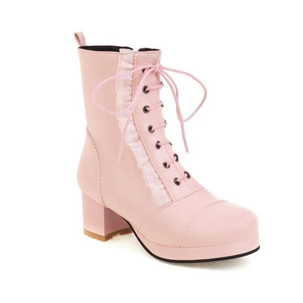 

boots before winter style sweet wind, lace-lace lace round head medium thick heel lady large size short womens platform heels, Black