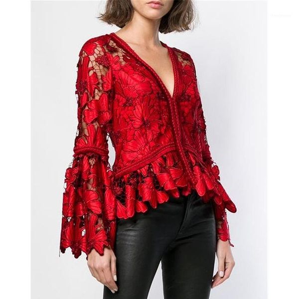 

women's blouses & shirts high street 2021 designer stylish blouse flare sleeve v-neck lace embroidery top, White