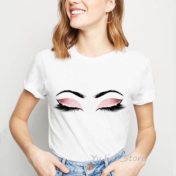 

pink eyelashes print cute womens t shirt summer white 90s hipster vogue woman clothes drop