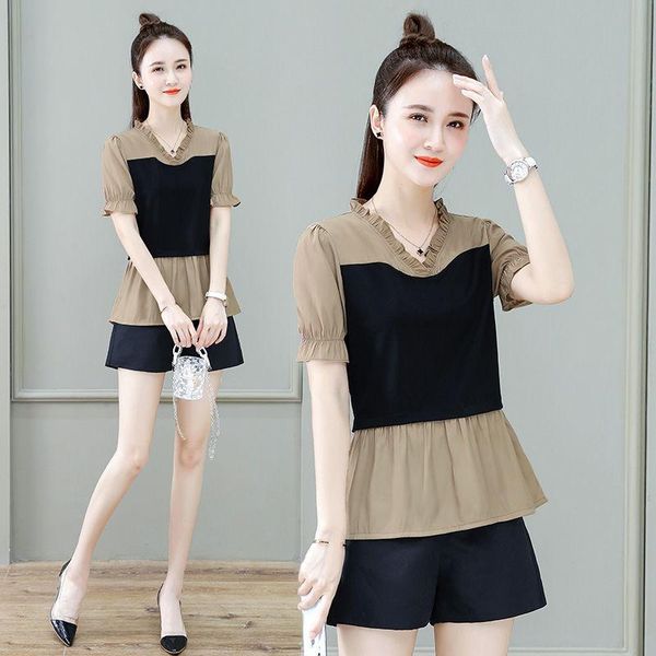 

women's tracksuits fashion suit summer short-sleeved chiffon slimming patchwork shorts two-piece for women, Gray