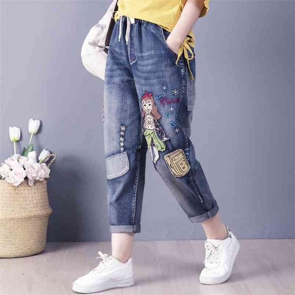 

9168 women summer fashion cartoon patchwork elastic waist vintage denim jeans office lady large loose harem ankle length pants 210708, Blue