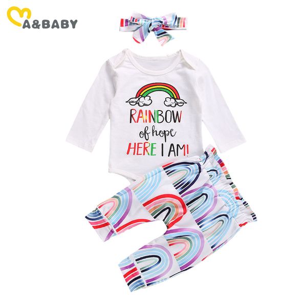 0-24 M Sonbahar Bahar Doğan Bebek Bebek Kız Giysileri Set Uzun Kollu Mektup Romper Gökkuşağı Pantolon Kıyafetler 210515