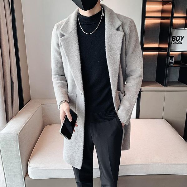 

men's wool & blends 2021 winter men casual business trench coat fake mink jacket soli color long keep warm windbreaker overcoat, Black
