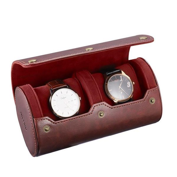 

watch boxes & cases portable travel case pu leather box 2 slots storage organizer bracket holder for business trip (brown), Black;blue