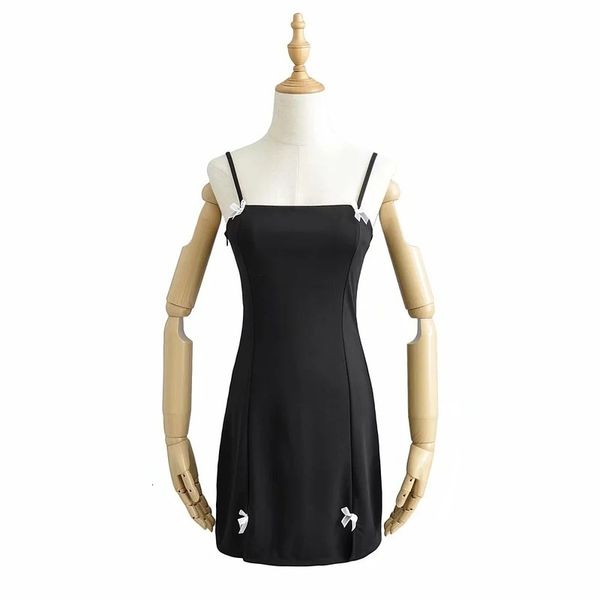 

casual slim women's dresses fitting flat mouth suspender skirt fashion lace bow dress, Black;gray