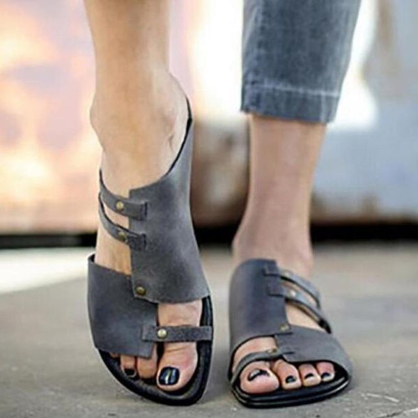 

sandals women 2021 summer pu open toe hollowed out slippers casual flat heel ladies shoes plus size 43, Black