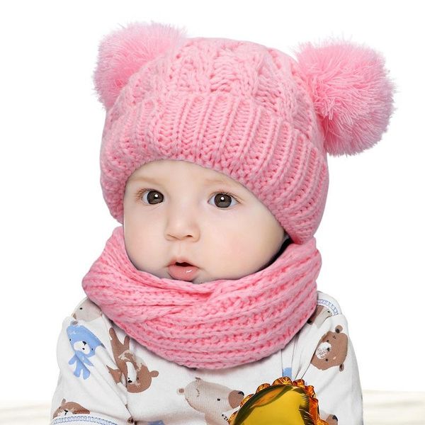 

caps & hats children's knitted autumn and winter warm scarf two-piece wool ball hat infant toddler bonnet baby accessories, Yellow