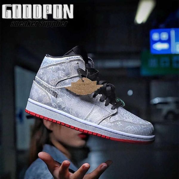 

jumpman 1 mid shoe white silk with black and red breathable sneaker female, male designer full sizea25