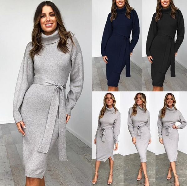 

casual dresses vintage high neck dress women's autumn winter bag hip collar kintted long sleeve female elegant, Black;gray