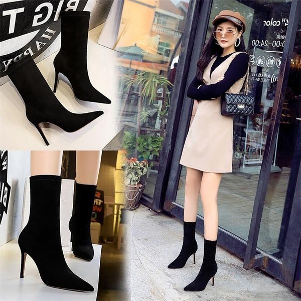 

dress shoes fashion simple women's boots thin heel high suede pointed nightclub slim, Black