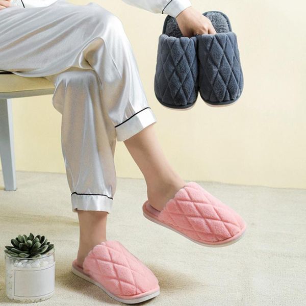 

warm slippers winter couple indoor plus size plush cute plaid non slip casual flats shoes for female male, Black