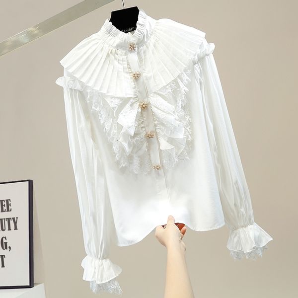 

women's blouses & shirts fashion folds flare sleeve sweet lace patchwork ruffles white shirt women cotton stand collar elegant blo