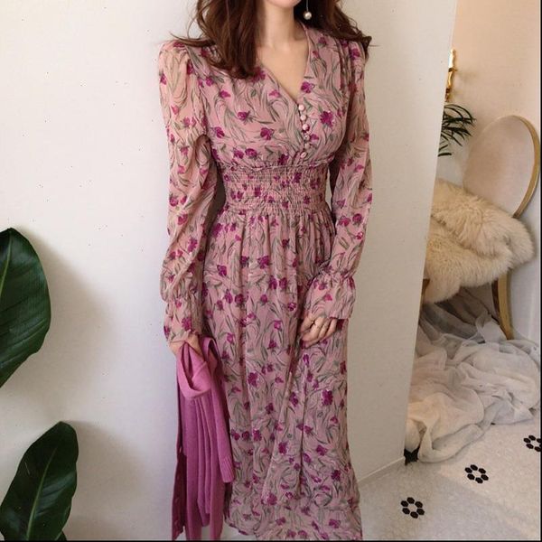 

fashion v neck floral print womens dress elastic waist vintage flare sleeve front buttons a line female long dresses, Black;gray