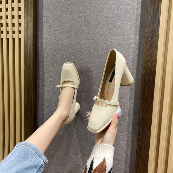 

women shoes orange casual heels all-match lace-up chunky sandals work dress professional 2021 shallow mouth footwear square toe, Black
