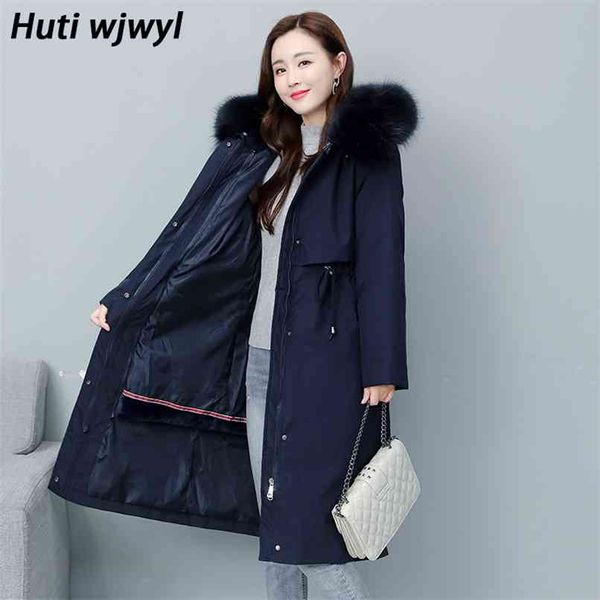

cotton liner parker parka fashion adjustable waist fur collar winter jacket women brand medium long hooded coat 210528, Black