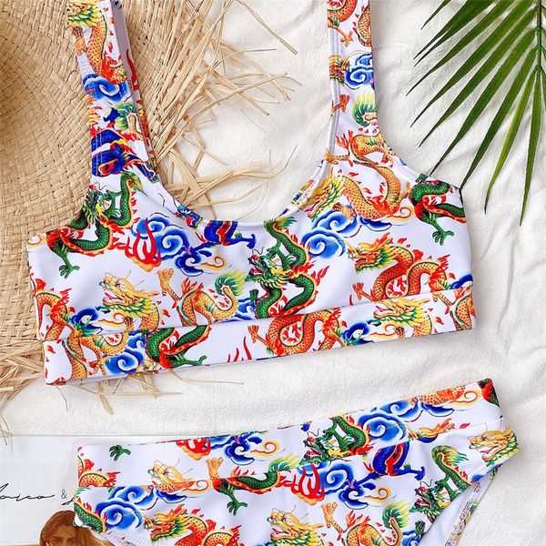 

colorful dragon print female swimsuit high waist bikini 2021 women swimwear two-pieces bikini set bather bathing suit swim k2403