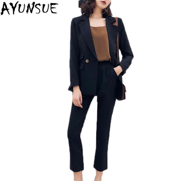 

women's suits & blazers ayunsue pants suit black simple 2 two piece set long slim jacket + ladies office outfit lx2147, White;black