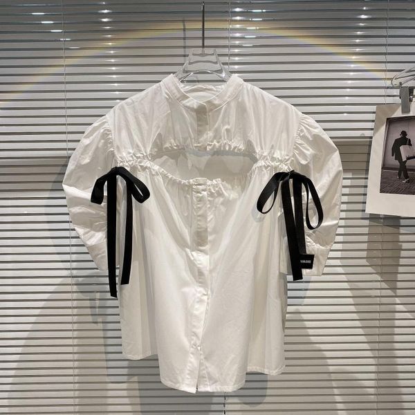 

spring summer fashion casual bow puff sleeve temperament hollow out short shirt women sk084 210525, White