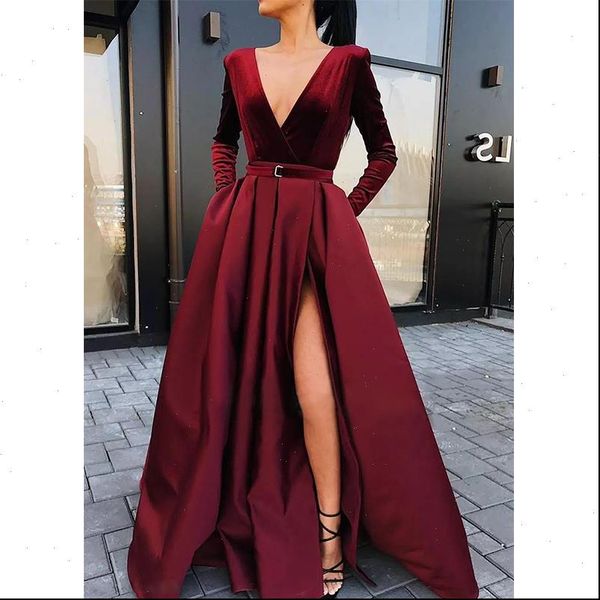 

women dresses long gown elegant ladies dress party a line deep v neck slit full length evening club maxi high, Black;gray