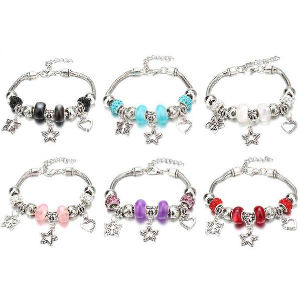 

antique original star butterfly heart beads charm bracelets for women glass 6 color brand bracelet & bangle diy jewelry gifts, Golden;silver