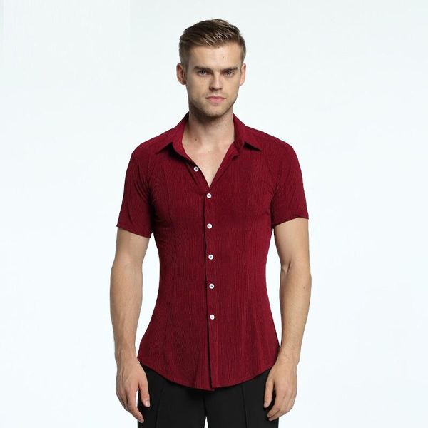 

male short sleeves modern dance costumes men's training costume social shirt ballroom practice stage wear, Black;red
