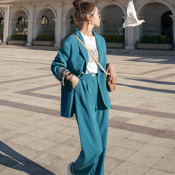 

vintage solid loose pant suits 2 peice set women elegant office lady blazer coat single breasted straight pants trouser 2021 women's tw, White