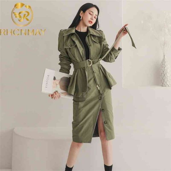 

skirt suits full sleeve zip coat +temperament slim high waist skirts solid casual vintage 2 pieces set 210520, White