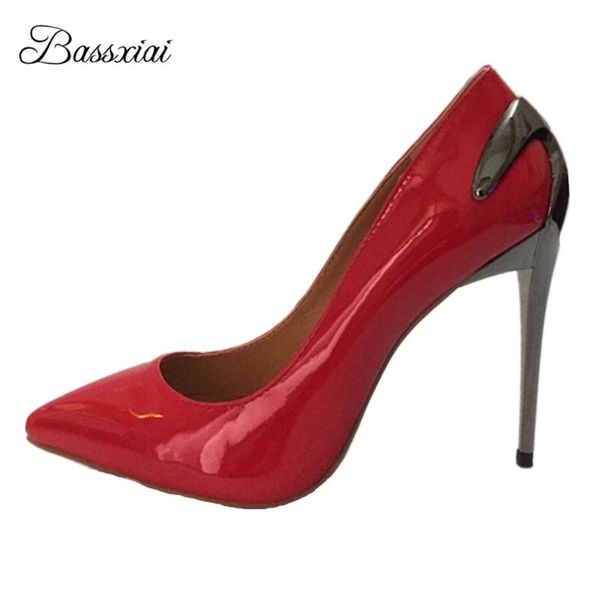 

unique metal stiletto heel women pumps point toe slim dress shoes woman luxury real leather spring outwear zapatos mujer, Black