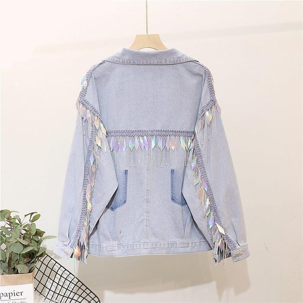 

women's jackets 2021 special offer full casaco bomber jaqueta feminina jeans jacket women back heavy work sequins fringed rhinestone fe, Black;brown