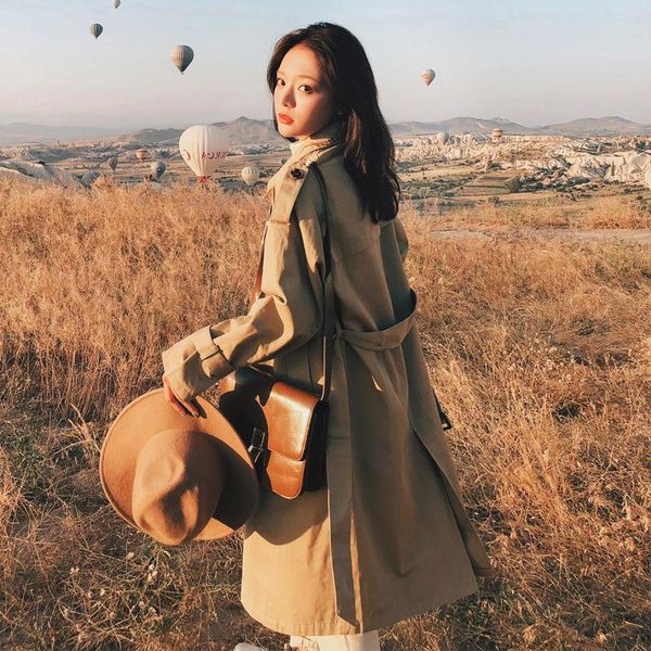 

women's trench coats spring autumn women windbreaker fashion double breasted long casual sashes solid color outerwear, Tan;black