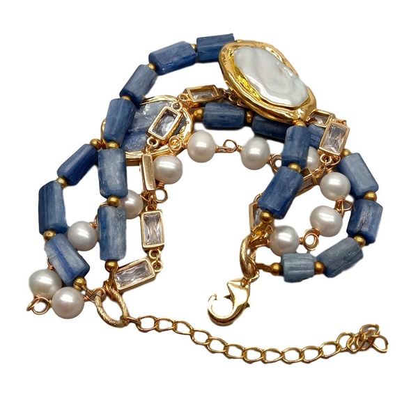

yygem 4 strands natural blue kyanite nugget white round freshwater pearl cz chain statement bracelet handmade for women, Golden;silver