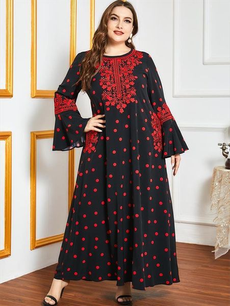 

indie folk embroidery maxi fall womens dress elegant polka dot long sleeve loose muslim arabic dubai clothes, Black;gray