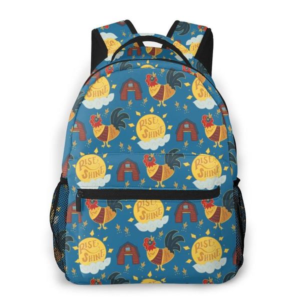 Teenager-Jungen-Rucksack, Motiv „Rise Shine Rooster Patterns“, lässig, für Laptop, Schüler, Schule, Taschen