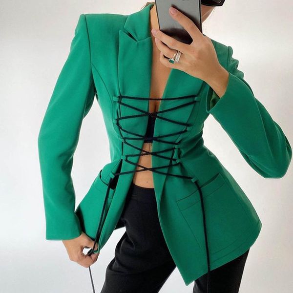 

women's suits & blazers autumn solid color pocket long sleeve bandage medium suit collar casual loose small coat veste femme, White;black