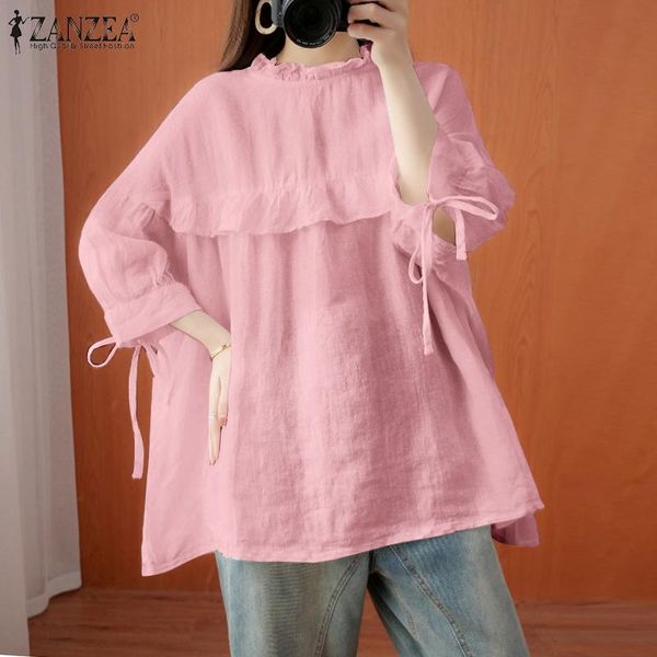 

women's blouses & shirts 2022 solid ruffle vintage women summer casual 3/4 sleeve blusas female patchwork tunic lace up chemise, White