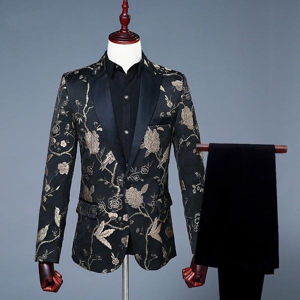 

luxurious jacquard embroidery floral birds pattern suits for men wedding grooms bridegroom suit slim fit singer costume men's & blazers, White;black