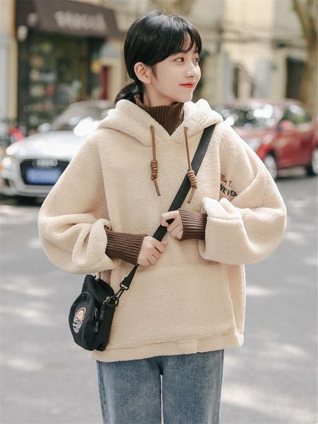 

women's hoodies & sweatshirts hooded sweatshirt women harajuku loose pocket womens warm casual pullovers autumn winter lamb wool, Black