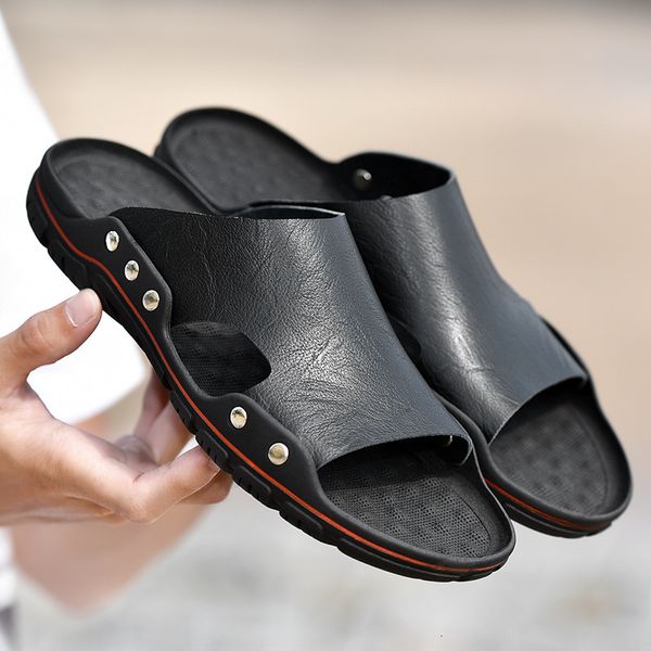 

slippers men's casual sandals summer cowhide wear large size beach shoes h77g, Black