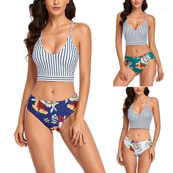 

women's bikini tank 2-piece split printed swimsuit set swimwear, White;black