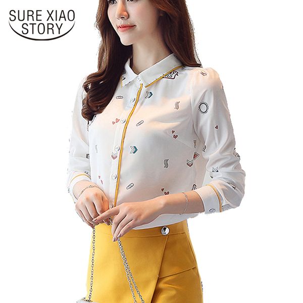 

spring blouse female long sleeved shirt women doll collar fashion printed chiffon floral d270 30 210521, White