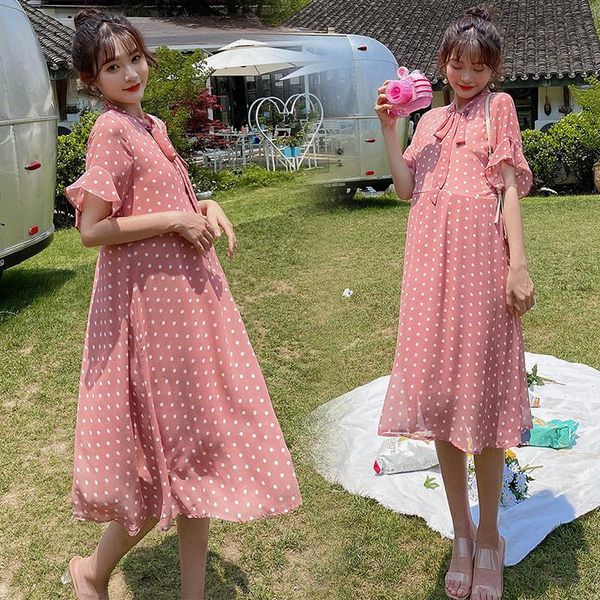

3484# maternity clothes summer plus size dot printing chiffon short sleeves loose stylish dress pregnant women mom dresses, White