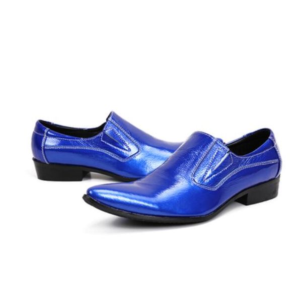 

men's leather flat shoes with pointed toe, shiny face and low size: 37-48, blue, Black