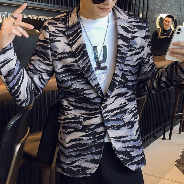

winter art men blazer jacket slim fit zebra pattern print woolblend tweed fall party prom club homme men's suits & blazers, White;black