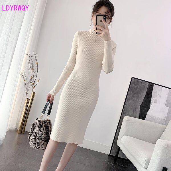 

casual dresses 2021 autumn and winter fashion solid color half-high collar slim slimming long thick knit dress ankle-length office lady, Black;gray