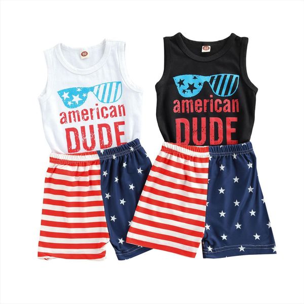 

summer kids boys vest and shorts suit independence day letter printed sleeveless flag short pants set, White