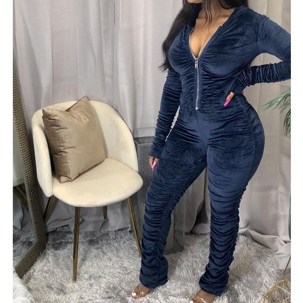 

vintage women long sleeve zipper front velvet jumpsuit romper autumn winter casual hooded bodycon pleated women's jumpsuits & rompers, Black;white
