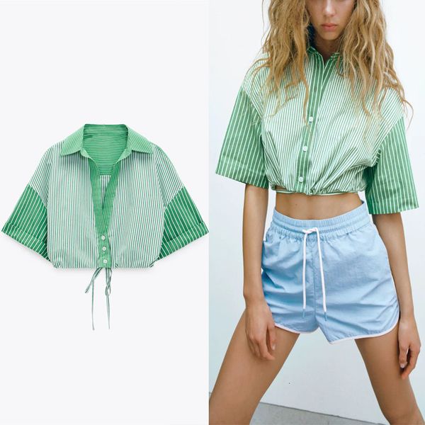 

dresses green striped shirt women vintage short sleeve cropped shirts adjustable tie elastic hem female patchwork blouse, Black;gray
