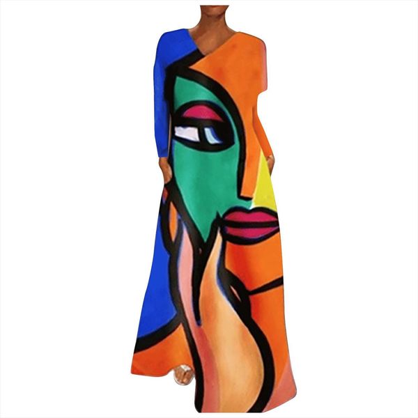 

vintage 3d print long womens dress casual loose sleeve maxi large size v neck sundress spring autumn robes, Black;gray