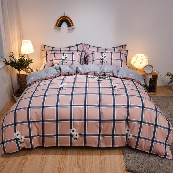 

bedding sets polyester cotton home textile double-sided pink lattice pattern pillow case bed sheet set quilt cover duvet oceania
